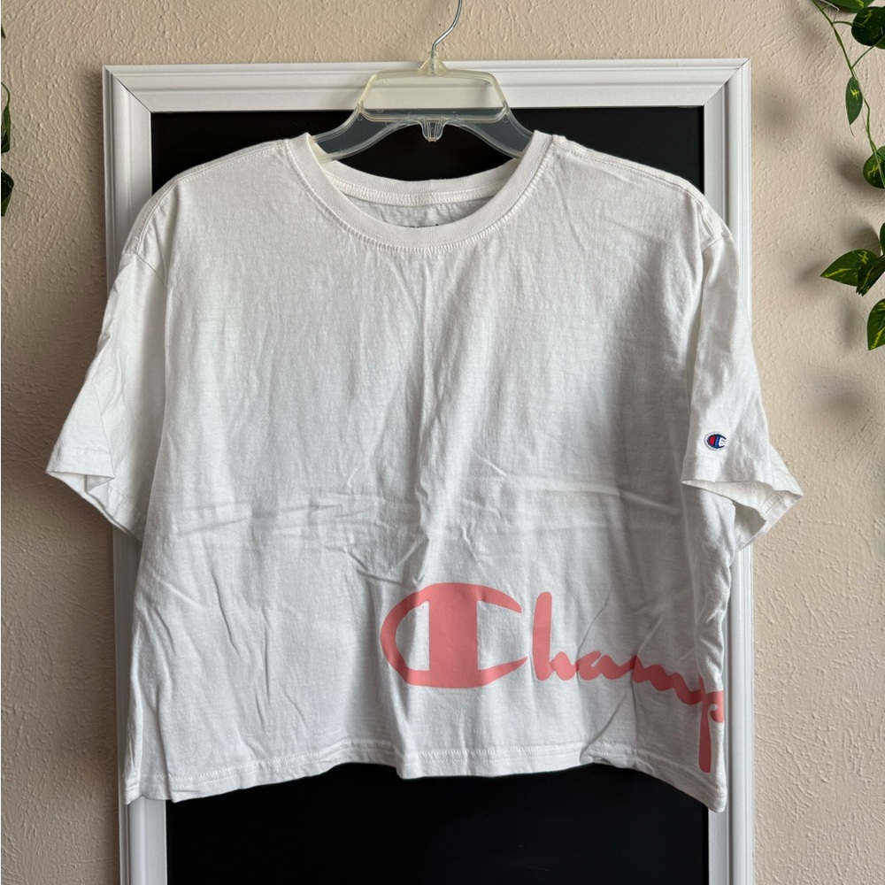 Champion Women's White Crop Top with Pink Logo